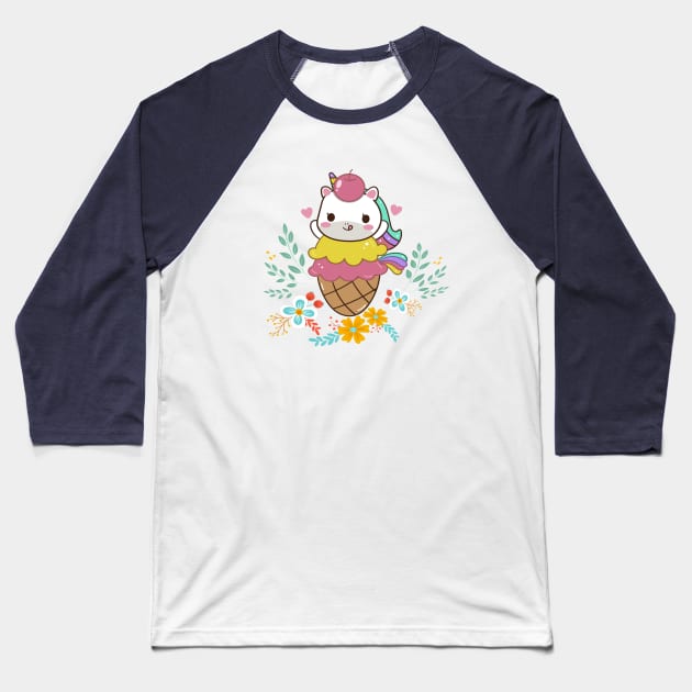 Cute Ice Cream Unicorn Baseball T-Shirt by JeffDesign